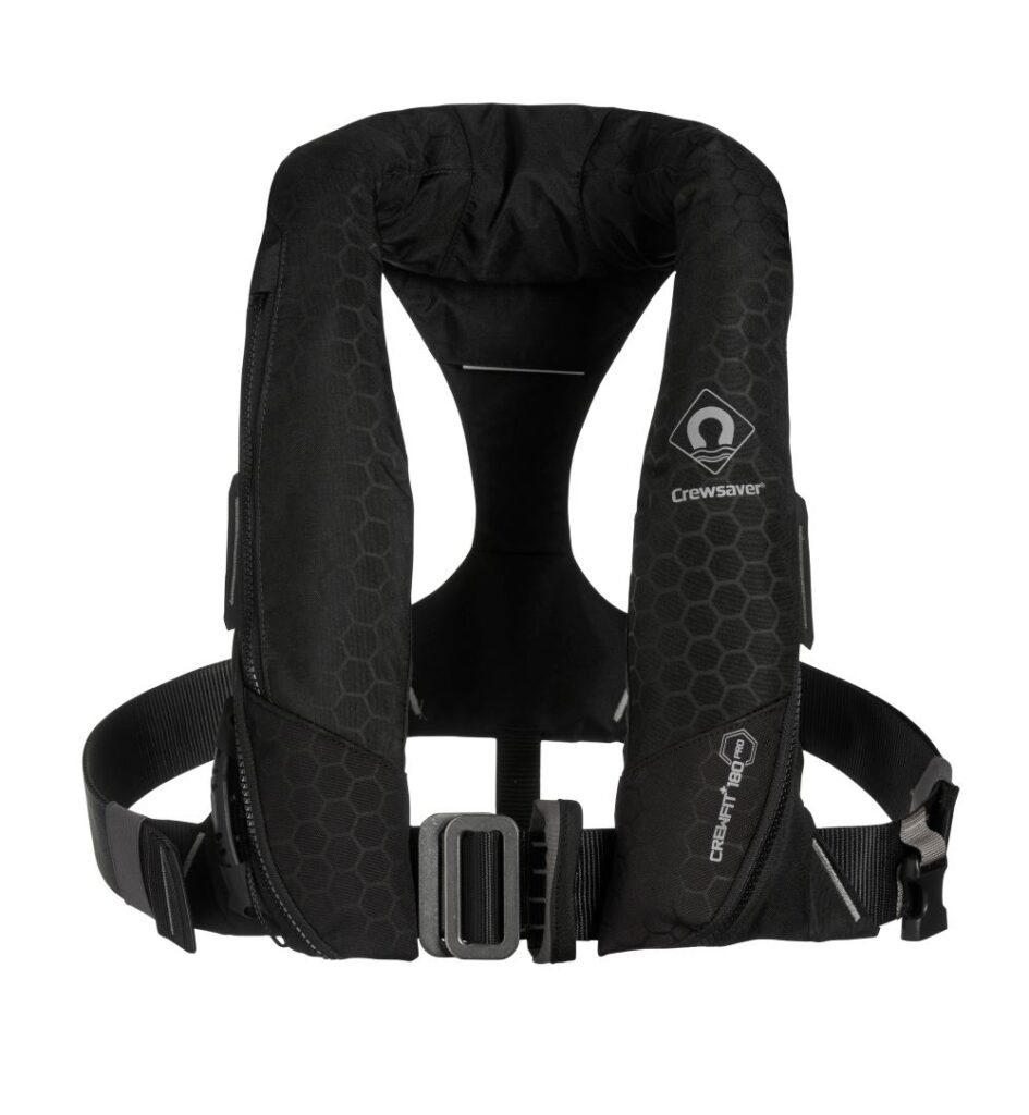A black Crewsaver Crewfit+ Pro 180N lifejacket on a white background.